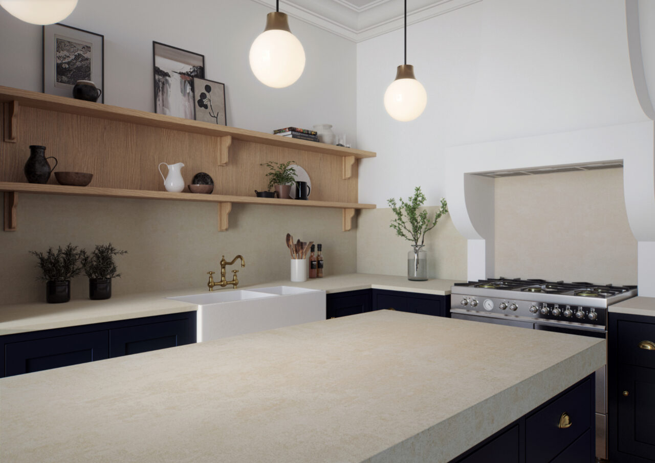 Kitchen with Caesarstone Porcelain countertops and splashbacks in Beige Ciment