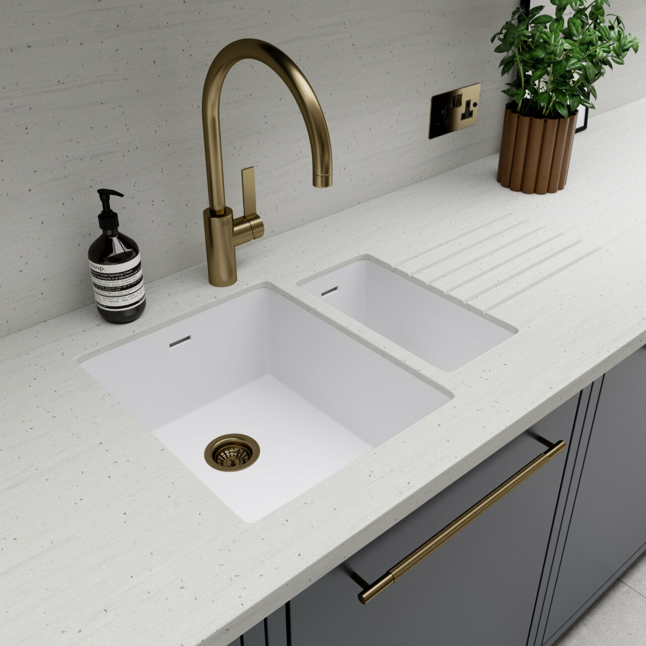 White Durasein kitchen worktop with a white integrated Durasein sink