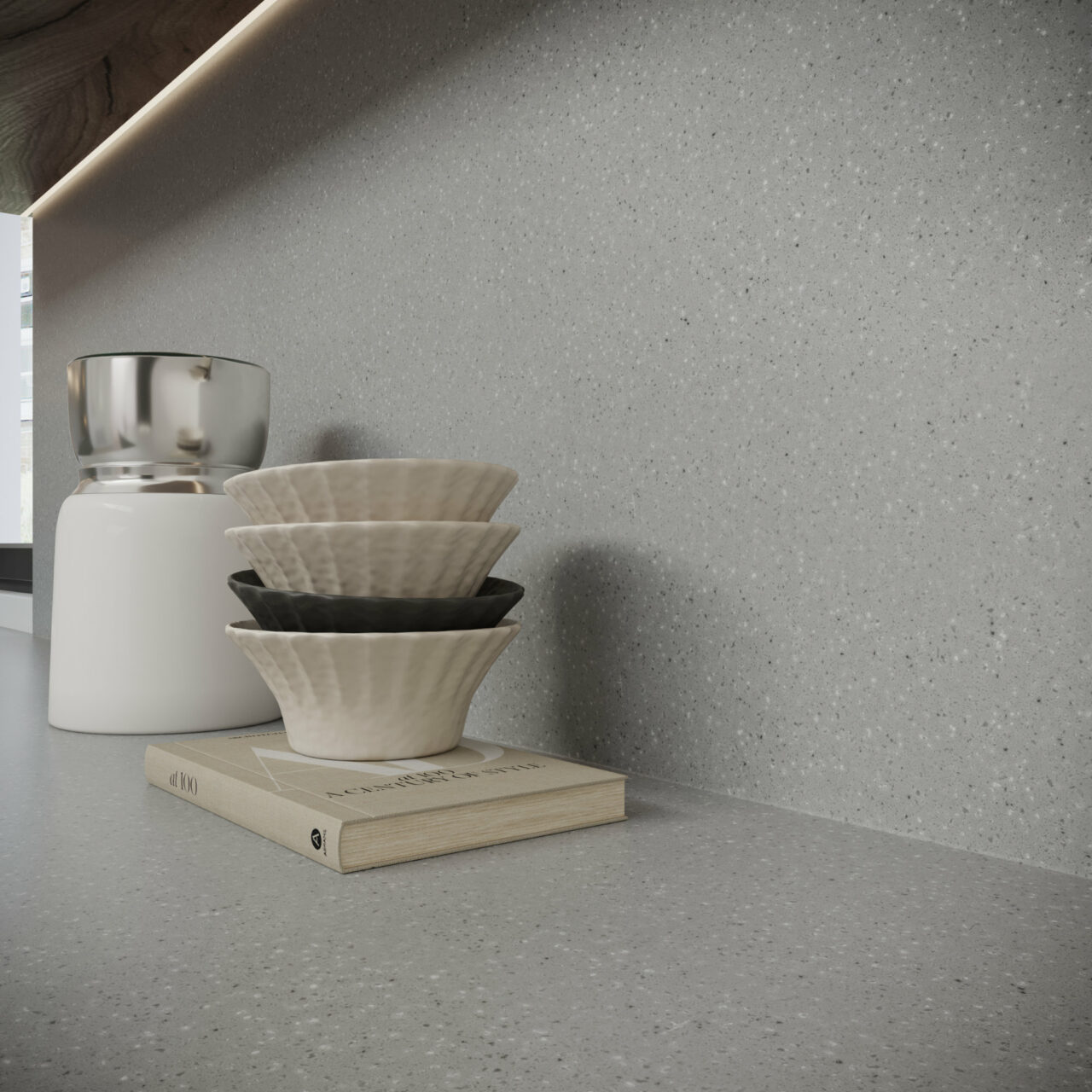 Kitchen with Durasein concrete effect worktop and splashback in Concrete.