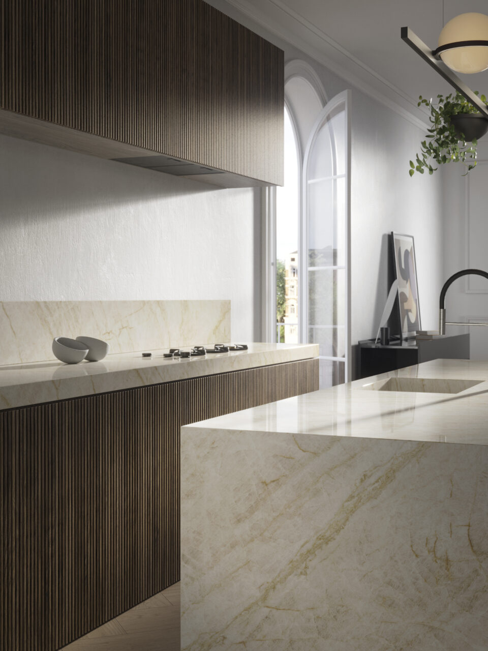 Kitchen with Porcelanosa XTONE worktops and upstands in Taj Mahal