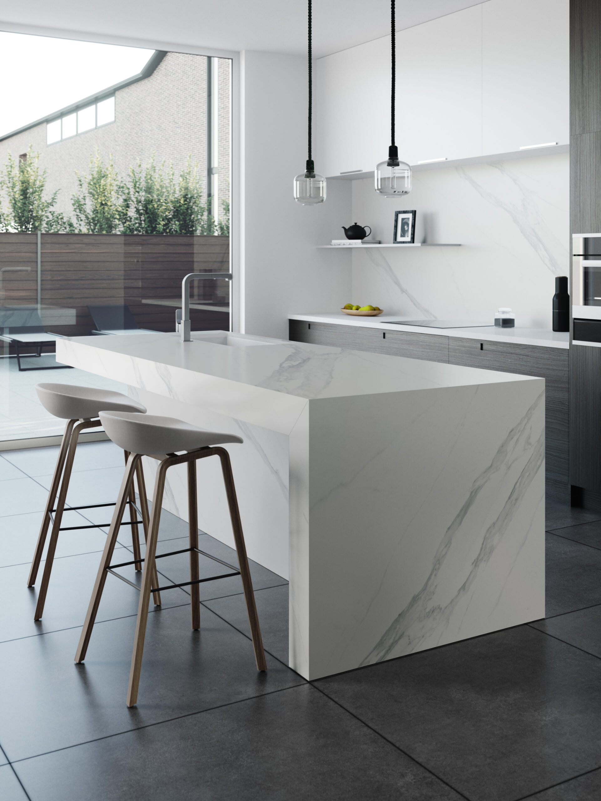 Contemporary kitchen design showing an island unit covered with a white and grey marble effect Dekton® worktop.
