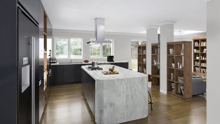 Brown kitchen with grey Corian® worktop colours in Carrara Lino