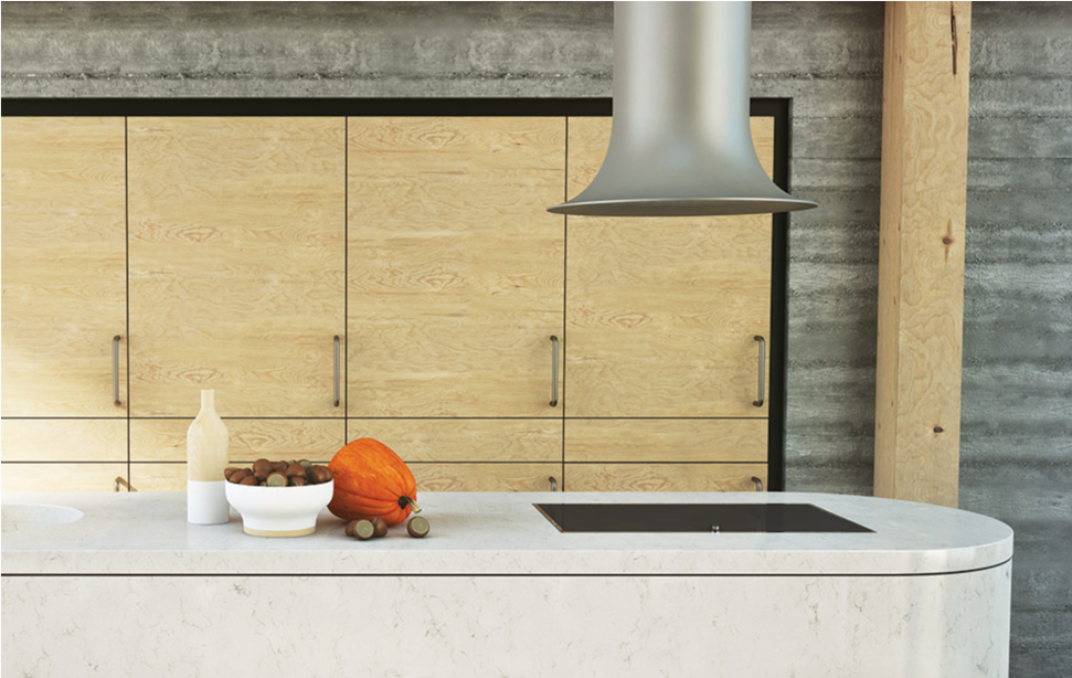 Kitchen with Caesarstone® worktop in Frosty Carrina with flush-mounted hob