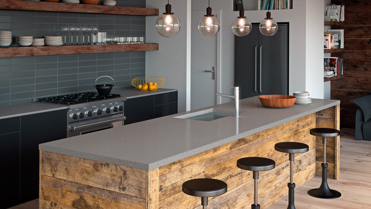Kitchen with Caesarstone® worktops in Sleek Concrete