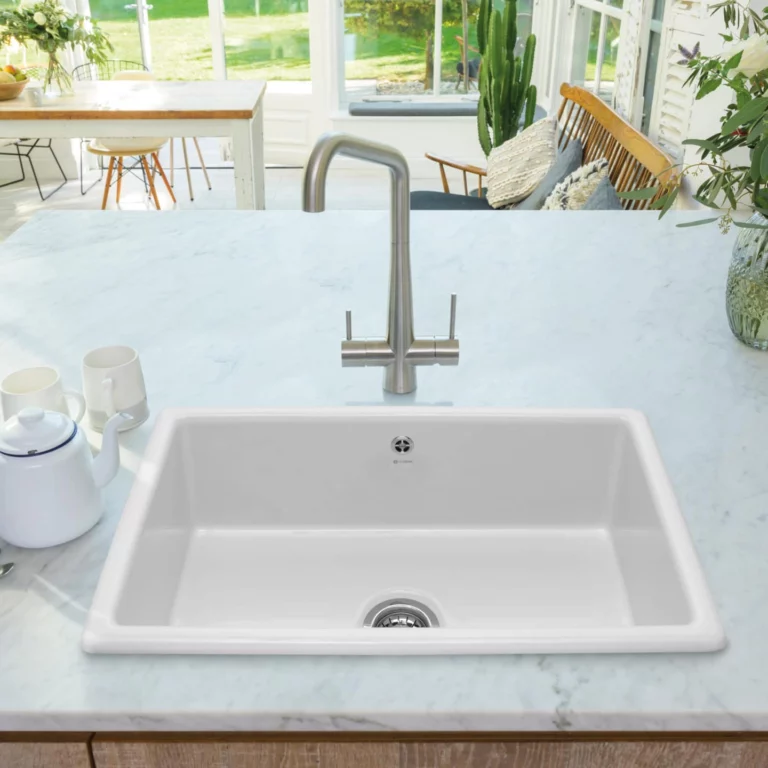 Grey kitchen worktop with a white Caple Cheshire 760 ceramic sink