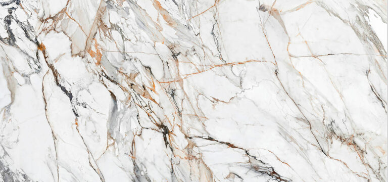 Neolith® Calacatta Luxe has an intricate mix of grey, black, and golden-brown veins on a grey/white background.
