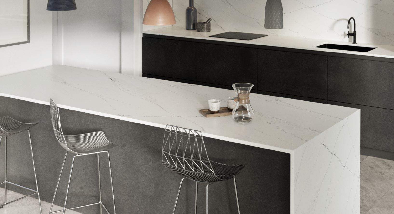 Black and white kitchen with worktop design in Silestone® Ethereal Noctis